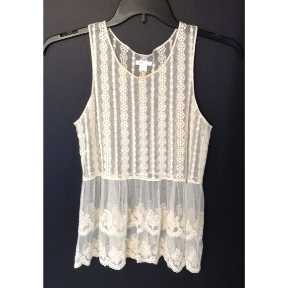Crochet Lace Blouse M Cream Sheer Embroidered Boho Cottage Romantic Holiday Top - Picture 8 of 10